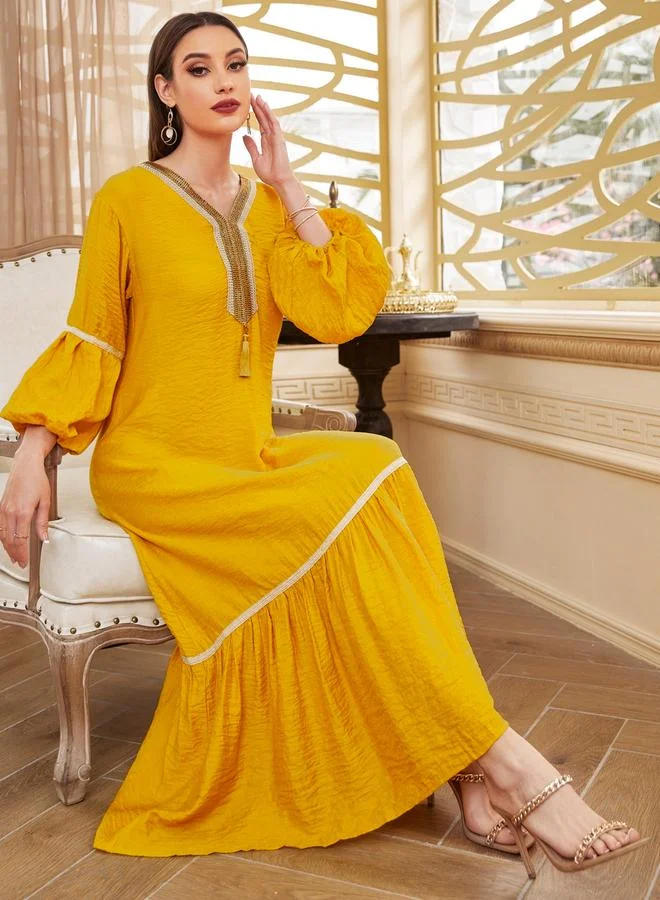 Take Two Yellow Solid V Neck A-Line Maxi Dress