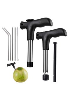 Excefore 2 Pack Coconut Opener Tool with 4 Reusable Straws and Brush, Easy & Convenient Straw Hole Maker, Food Grade Stainless Steel Opening Pouch Tap for Young Fresh Thai Hawaii Coco Water Juice  - Image 1