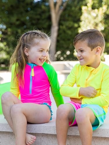 RuffleButts Girls UPF50 Sun Protection Front Zipper Long Sleeve Rash Guard One Piece Swimsuit Neon Color Block 6 - Image 3