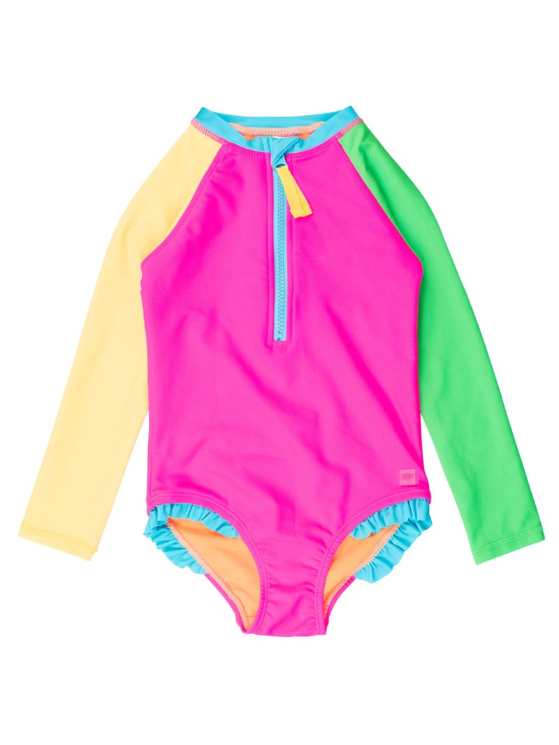 RuffleButts Girls UPF50 Sun Protection Front Zipper Long Sleeve Rash Guard One Piece Swimsuit Neon Color Block 6 - Image 2