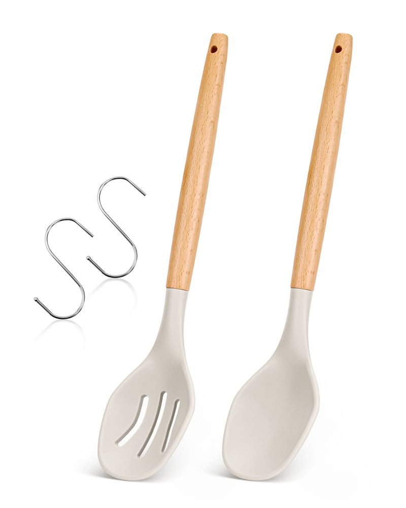 Large Silicone Cooking Spoons 2 Pack Nonstick Solid and Slotted Wooden handle Spoon Set Heat Resistan Silicone Kitchen Spoons for Cooking Serving Basting Mixing Khaki