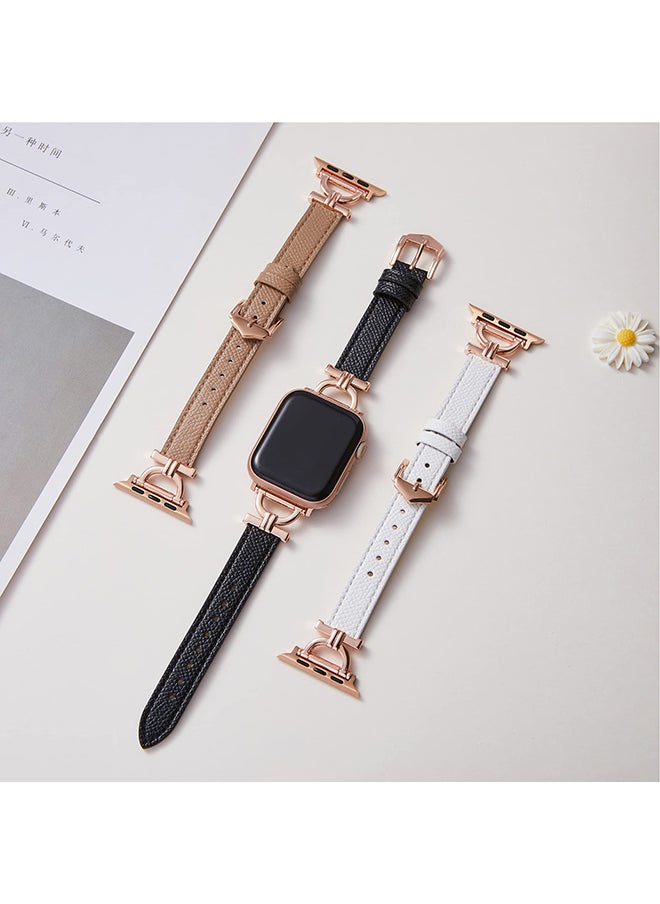 O Ozone - Leather Band For Apple Watch Series 10 9 8 7 6 5 4 SE, 38/40/41/42mm Slim Strap with D-Shape Rose Gold Metal Buckle Strap- White - Image 1