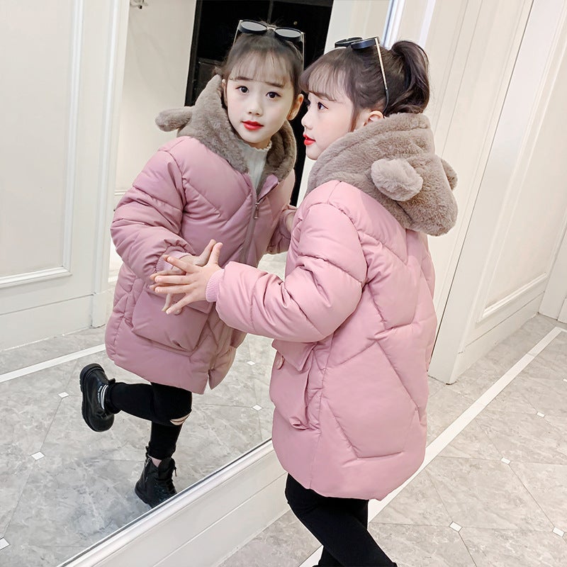 2023 Girls Winter Padded Jacket Korean-Thickened Mid-Length Warm Coat Pink leather plus velvet thickened 