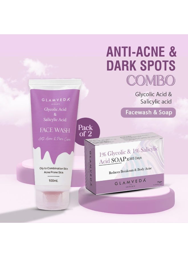 Glamveda 1% Glycolic Acid & 1% Salicylic Acid Combo | Facewash 100ml& Soap 75g| Face Wash for Oily & Acne-Prone Skin | Deep Cleansing & Oil Control | Reduces Acne and Controls Sebum | Women & Men - Image 2