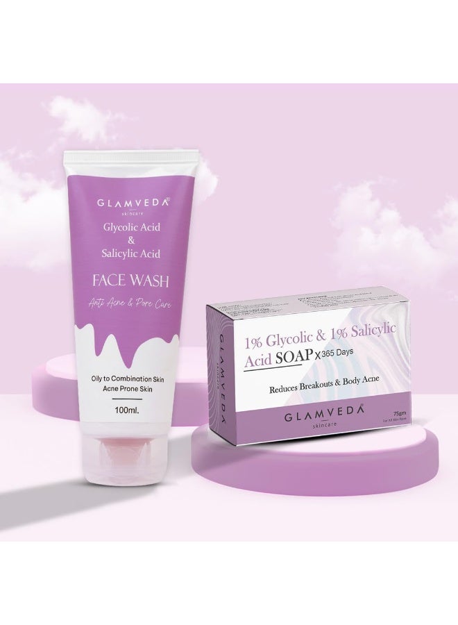 Glamveda 1% Glycolic Acid & 1% Salicylic Acid Combo | Facewash 100ml& Soap 75g| Face Wash for Oily & Acne-Prone Skin | Deep Cleansing & Oil Control | Reduces Acne and Controls Sebum | Women & Men - Image 1