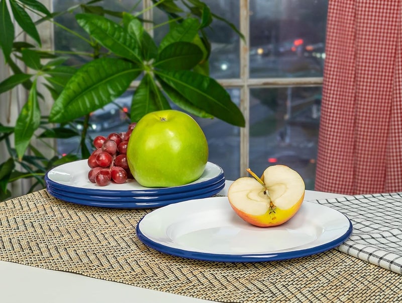 Red Co. . Set of 4 Enamelware Metal Classic 8" Round Salad Plate, Solid White/Navy Blue Rim - Image 5