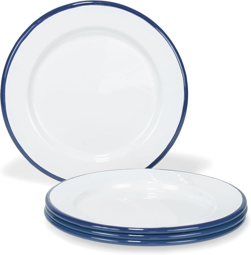 Red Co. . Set of 4 Enamelware Metal Classic 8" Round Salad Plate, Solid White/Navy Blue Rim - Image 1