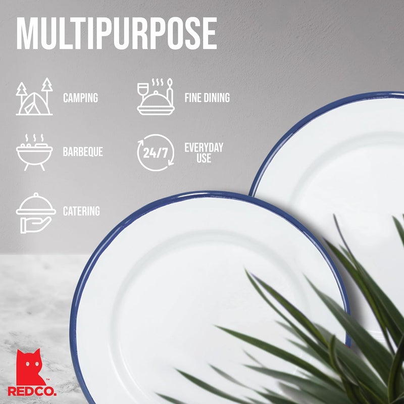 Red Co. . Set of 4 Enamelware Metal Classic 8" Round Salad Plate, Solid White/Navy Blue Rim - Image 4