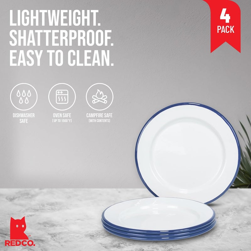 Red Co. . Set of 4 Enamelware Metal Classic 8" Round Salad Plate, Solid White/Navy Blue Rim - Image 2