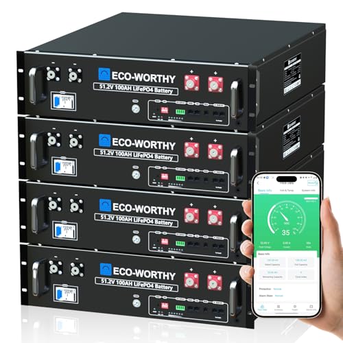 ECO-WORTHY بطارية ليثيوم LiFePO4 بسعة 48V 400Ah من ECO-WORTHY (4 حزمة 48V 100Ah) مع نظام إدارة البطارية BMS، سعة 20.48kWh، بطارية رف الخادم مع بلوتوث، 6000 دورة عميقة، هيكل 3U، مثالية للطاقة المستقلة، الطاقة الشمسية، UPS - Image 1