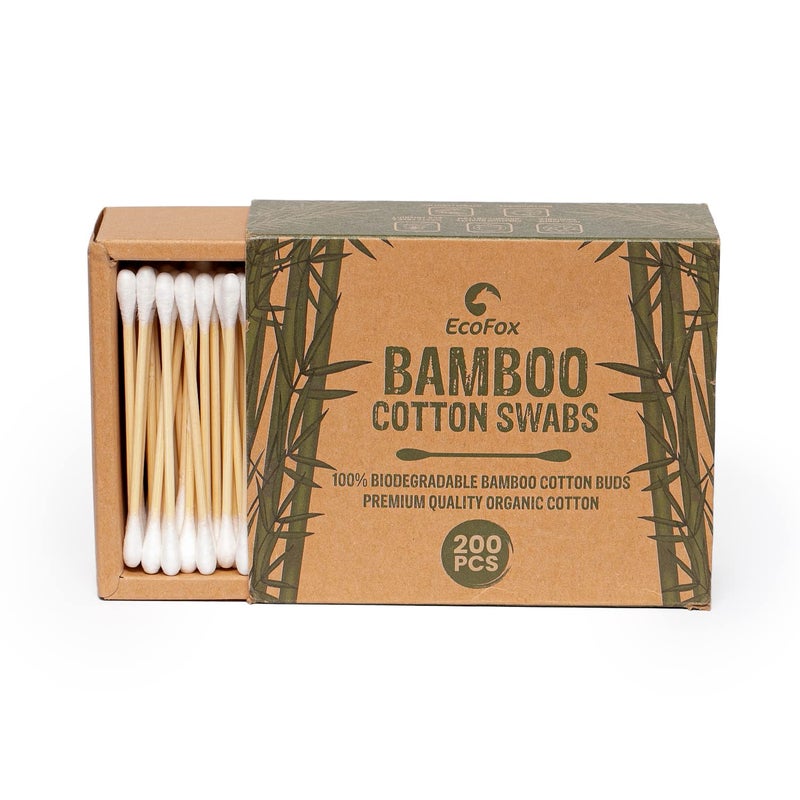 EcoFox Bamboo Cotton Swabs 200 Count | Eco-Friendly & Pure Cotton Buds | Double Tipped Sticks | 100% Plant-Based & Natural | Perfect for Makeup & Nail Applications, Arts & Crafts, Removing Dust & Dirt… - Image 1