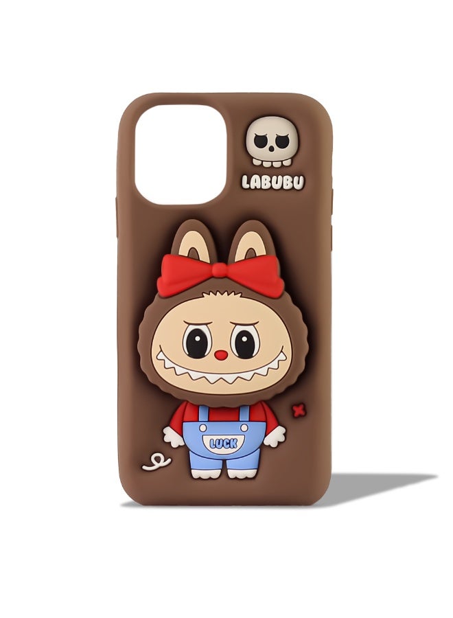 3D Cute Cartoon Soft Silicone Series Sleek Protective Covers Phone Back Shell With pop socket For Iphone 14 Pro Max (Brown)