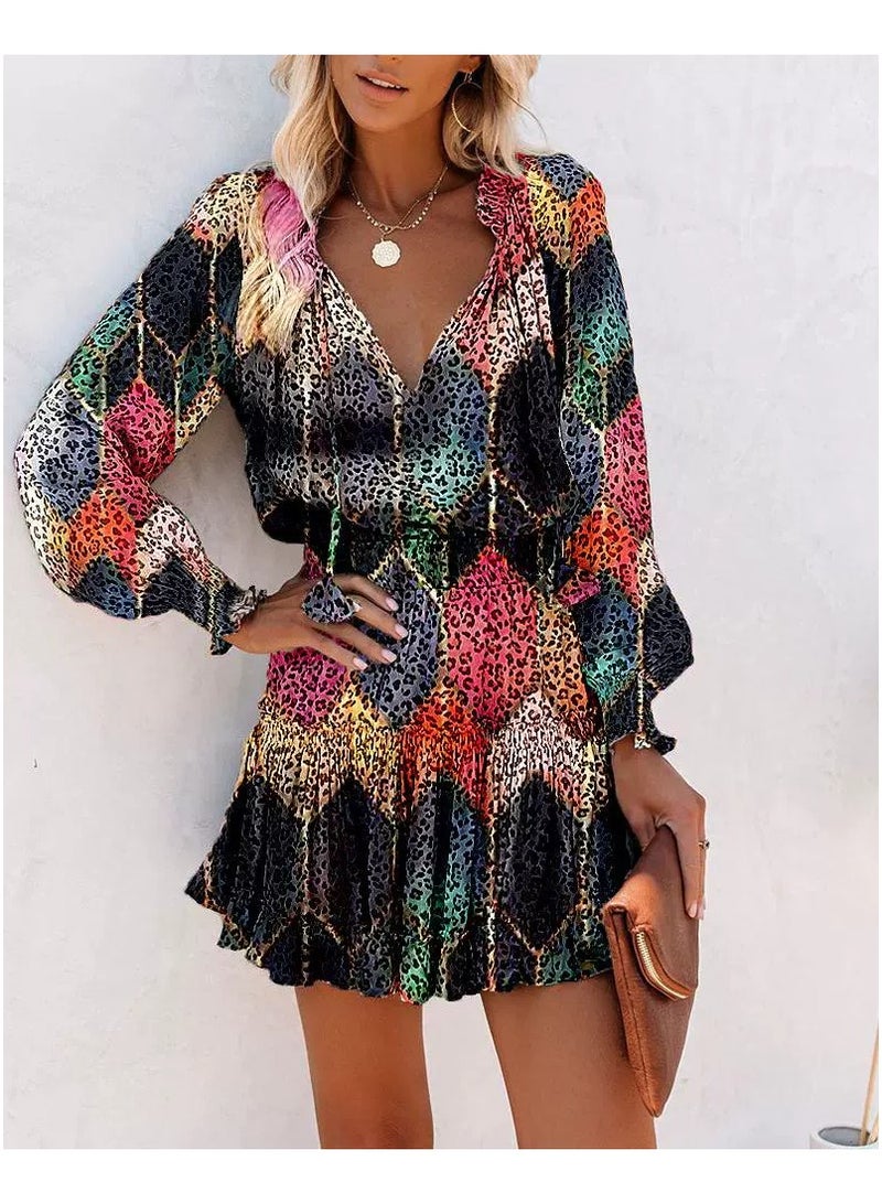 general Printed V-neck Fitted Halter-top Long-Sleeved Dress - Image 1