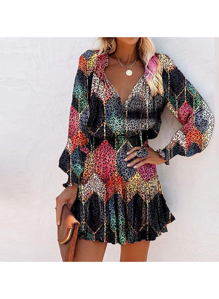 general Printed V-neck Fitted Halter-top Long-Sleeved Dress - Image 2