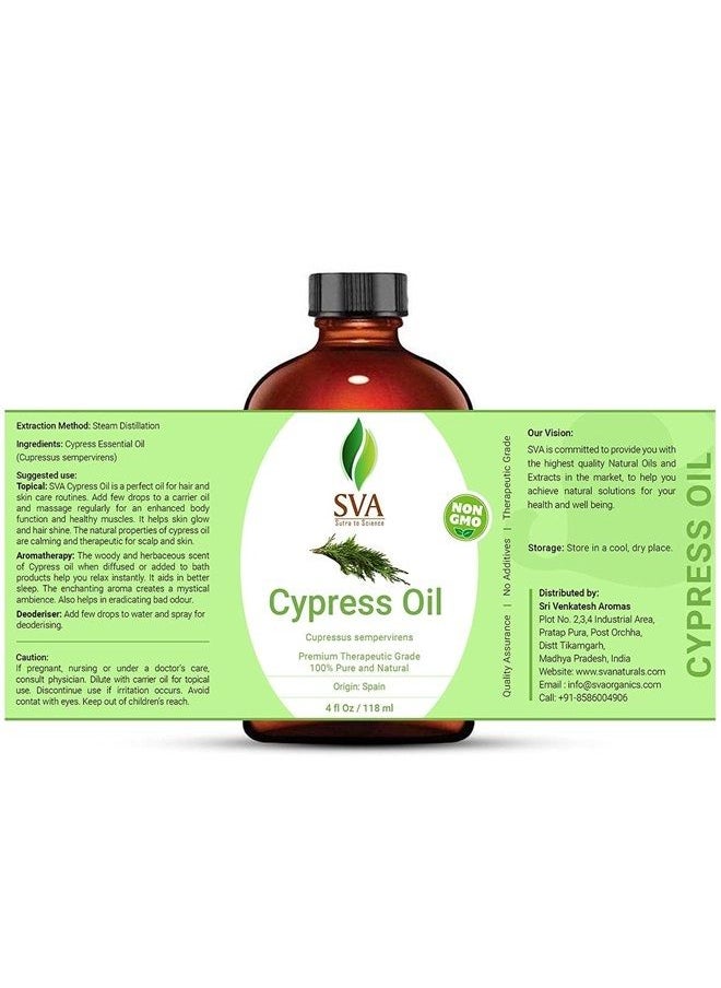 SVA Organics - SVA Organics Cypress Essential Oil with Dropper- 118 ml (4 fl oz) 100% Pure, Natural and Therapeutic Grade for Healthy Skin, Hair Growth, Scent, Aromatherapy & Diffuser - Image 1
