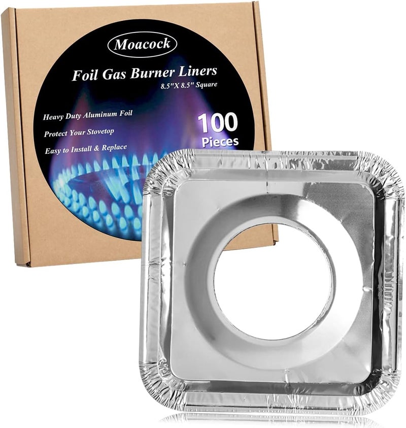 MOACOCK 100 Pack Aluminum Foil Square Stove Burner Covers Disposable Heavy Thick Quality Bib Liners Drip Pans Gas Range Top Protectors 8.5” - Image 1