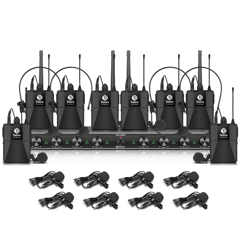 D Debra Audio AU800 Pro UHF 8 Channel Wireless Microphone System with Cordless Handheld Lavalier Headset Mics Metal Receiver Ideal for Karaoke Church Party 8 Bodypack