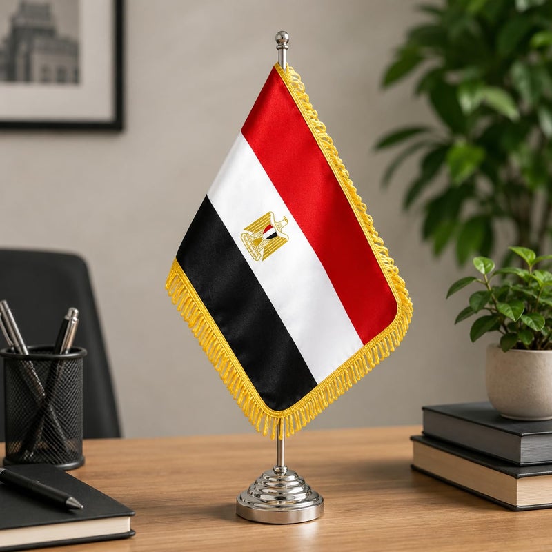 High quality Egypt Desktop Table Flag Gold Felt 18 x 29 cm With 40 cm Metal Pole And Weighted Base Premium National Desk Banner Decorative Office Home Conference Display (SILVER) - Image 1