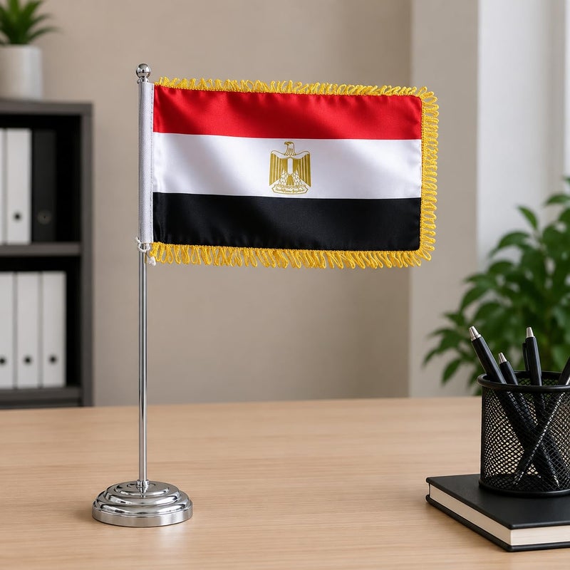 High quality Egypt Desktop Table Flag Gold Felt 18 x 29 cm With 40 cm Metal Pole And Weighted Base Premium National Desk Banner Decorative Office Home Conference Display (SILVER) - Image 2