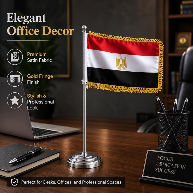 High quality Egypt Desktop Table Flag Gold Felt 18 x 29 cm With 40 cm Metal Pole And Weighted Base Premium National Desk Banner Decorative Office Home Conference Display (SILVER) - Image 3