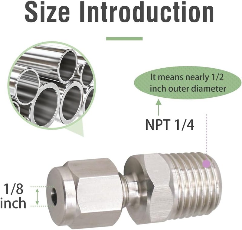 Horiznext Stainless Steel 304 Compression Fitting to connect 1/8 inch OD tube x 1/4 NPT Male thread Coupler, for brass copper stainless steel tubing (2 pcs) - Image 2