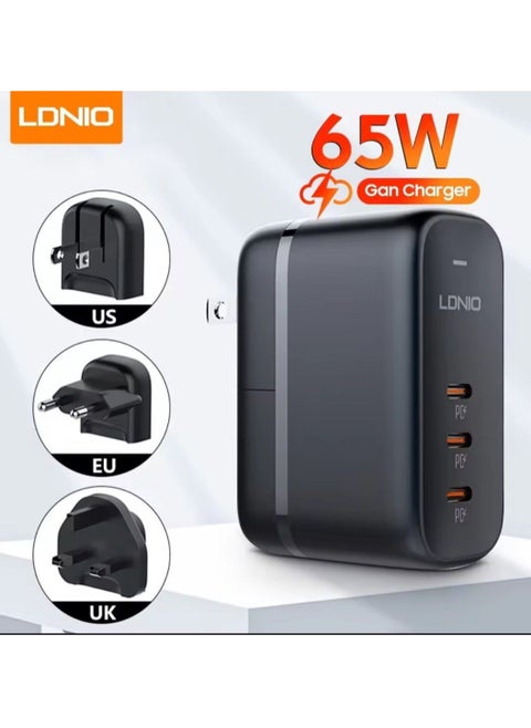 GaN 65W 3 USB C quick charging universal travel fast charging adapter with Replaceable Plug US/EU/UK option for Laptop Charger for MacBook, HP, Dell,Lenovo,iPhone,iPad,Galaxy, Switch,Steam Deck,etc Bl