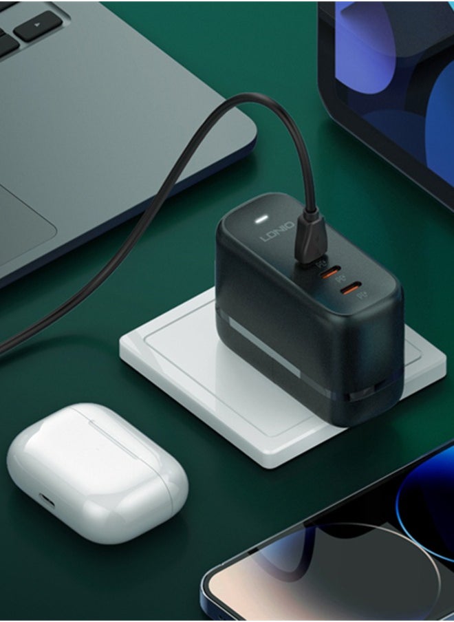 LDNIO - GaN 65W 3 USB C quick charging universal travel fast charging adapter with Replaceable Plug US/EU/UK option for Laptop Charger for MacBook, HP, Dell,Lenovo,iPhone,iPad,Galaxy, Switch,Steam Deck,etc Bl - Image 1