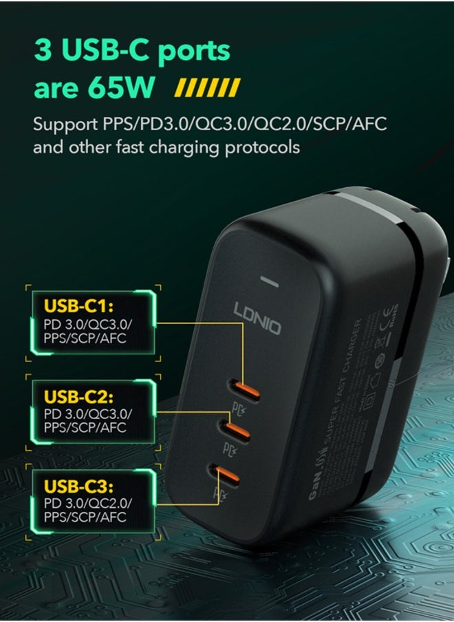 LDNIO - GaN 65W 3 USB C quick charging universal travel fast charging adapter with Replaceable Plug US/EU/UK option for Laptop Charger for MacBook, HP, Dell,Lenovo,iPhone,iPad,Galaxy, Switch,Steam Deck,etc Bl - Image 1