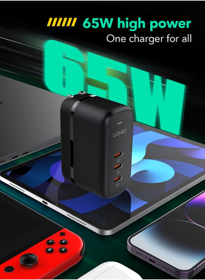 LDNIO - GaN 65W 3 USB C quick charging universal travel fast charging adapter with Replaceable Plug US/EU/UK option for Laptop Charger for MacBook, HP, Dell,Lenovo,iPhone,iPad,Galaxy, Switch,Steam Deck,etc Bl - Image 1