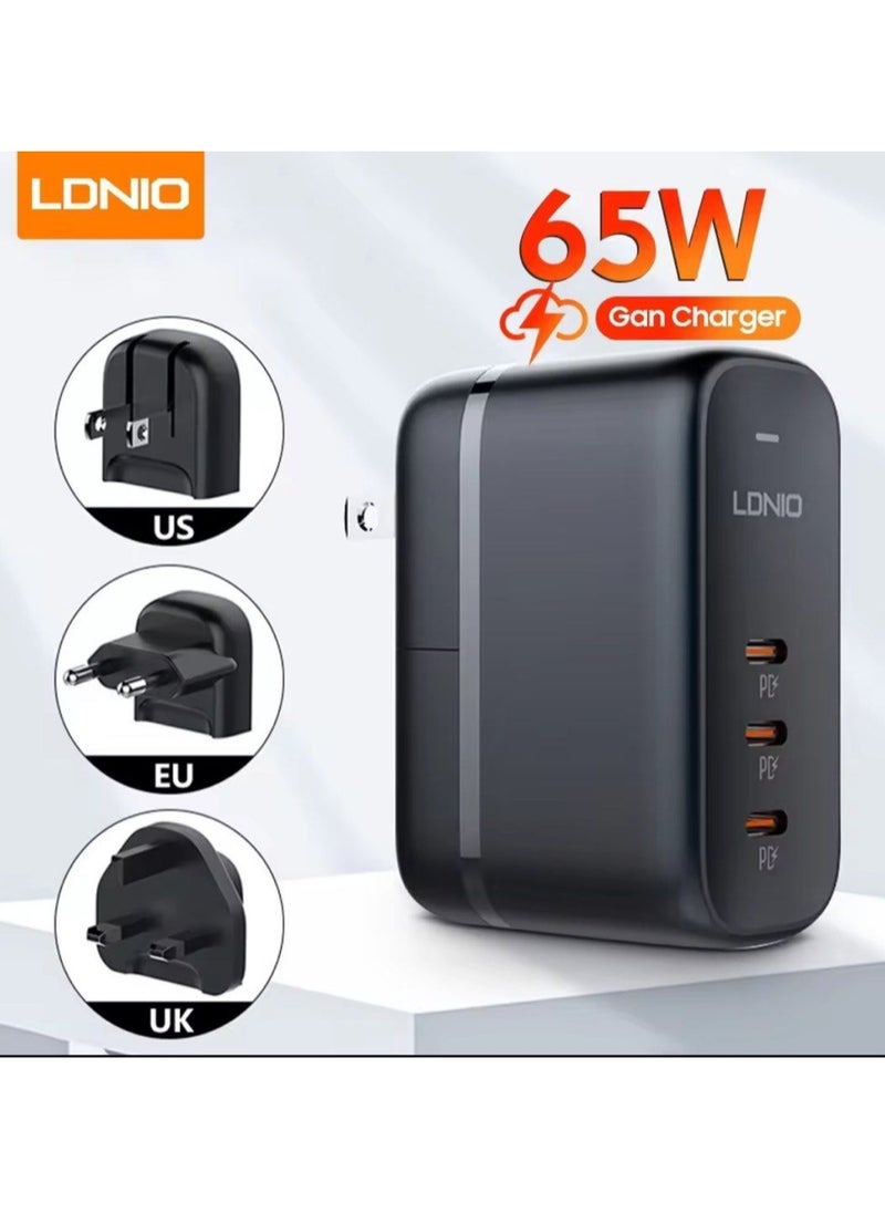 LDNIO - GaN 65W 3 USB C quick charging universal travel fast charging adapter with Replaceable Plug US/EU/UK option for Laptop Charger for MacBook, HP, Dell,Lenovo,iPhone,iPad,Galaxy, Switch,Steam Deck,etc Bl - Image 1