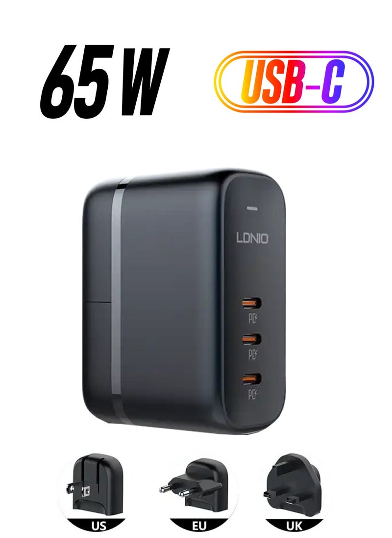 LDNIO - GaN 65W 3 USB C quick charging universal travel fast charging adapter with Replaceable Plug US/EU/UK option for Laptop Charger for MacBook, HP, Dell,Lenovo,iPhone,iPad,Galaxy, Switch,Steam Deck,etc Bl - Image 1