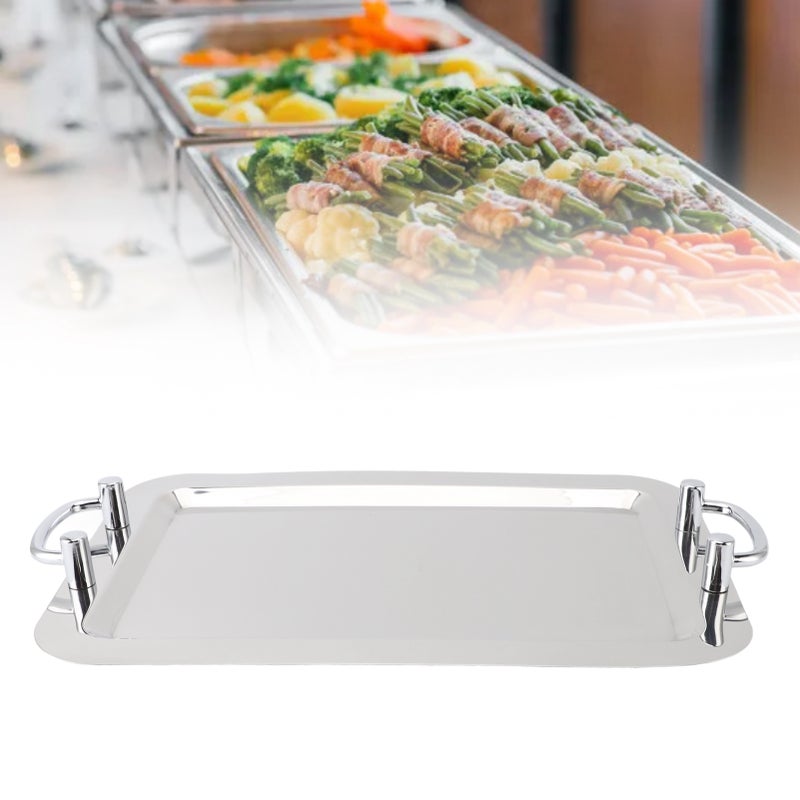 Stainless Steel Platter with Handle Multifunction Portable Metal Serving Tray Dinner Plate for Restaurant Hotel Buffet Rectangle Shape with Silver Handle, 47.5cm - Image 2