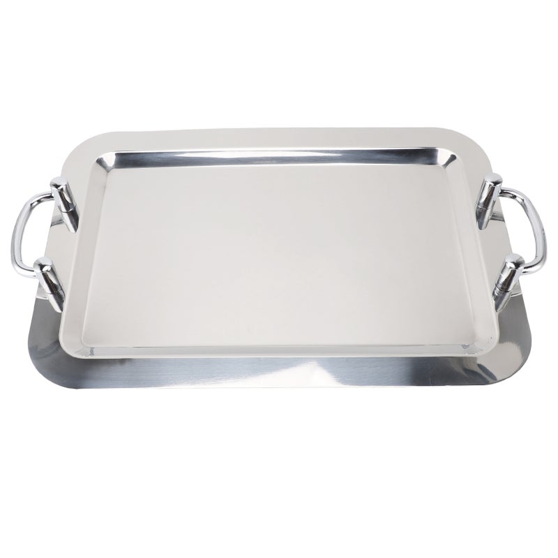Stainless Steel Platter with Handle Multifunction Portable Metal Serving Tray Dinner Plate for Restaurant Hotel Buffet Rectangle Shape with Silver Handle, 47.5cm - Image 1