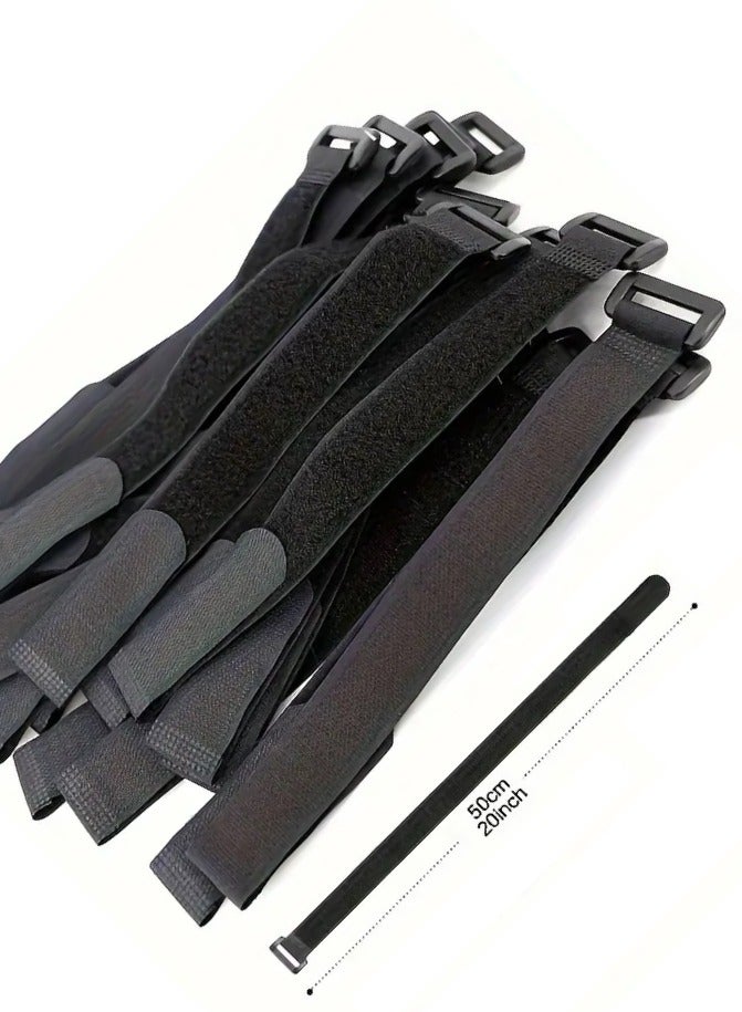 Loquat Reusable Ties And Organizers, Large 50cm Microfiber Straps, Durable Loop Ties With Adjustable Buckle For Organizing Work And Home Essentials. 50x2cm - Pack Of 10 Black. - Image 1