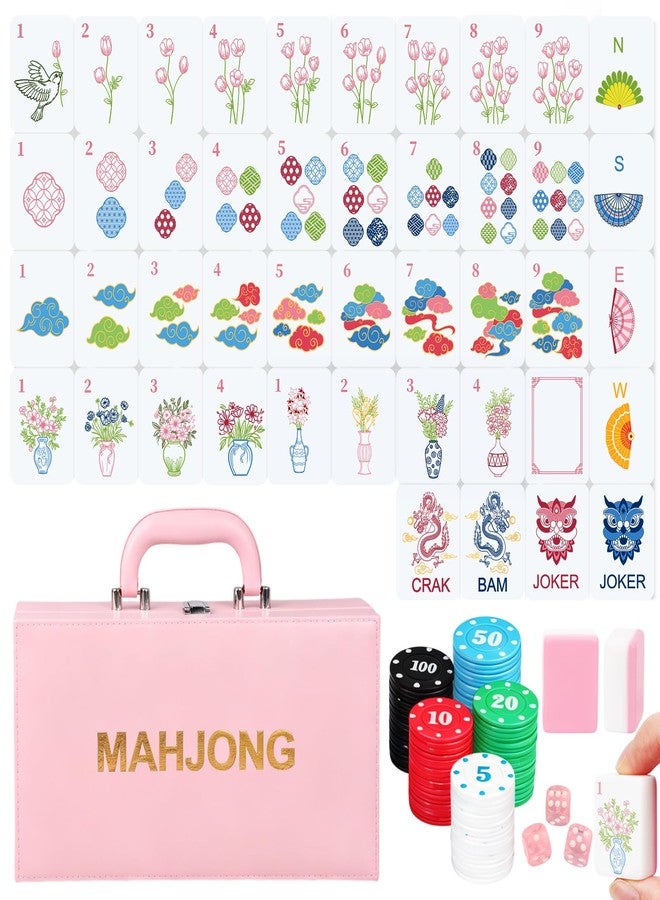 Entallor 171 American Mahjong Tile Game Set, 162 Mini 1.2" Travel Size Engraved Melamine Pink Mahjong with Travel Case, 5 Rolls Chips (100 Chips), 3 Dice for Adults, Family Game Night, Mahjong Gifts - Image 1