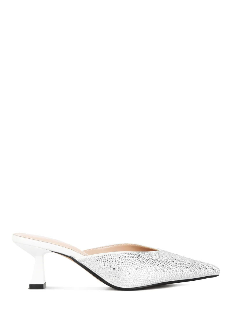 London Rag White Rhinestones Embellished Satin Mules