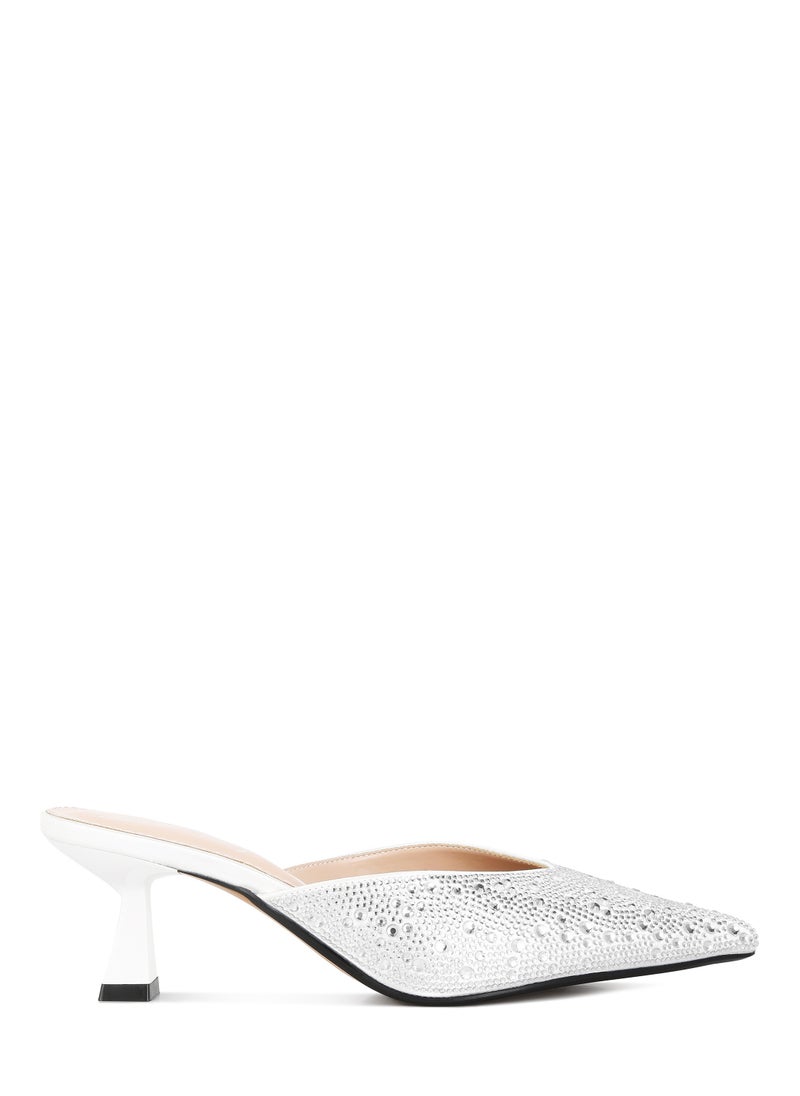 London Rag White Rhinestones Embellished Satin Mules 