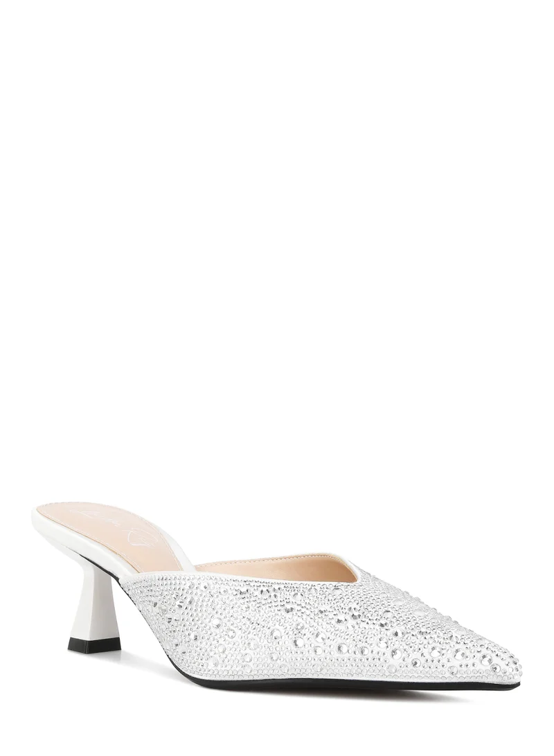 London Rag White Rhinestones Embellished Satin Mules