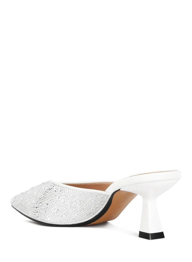 London Rag White Rhinestones Embellished Satin Mules
