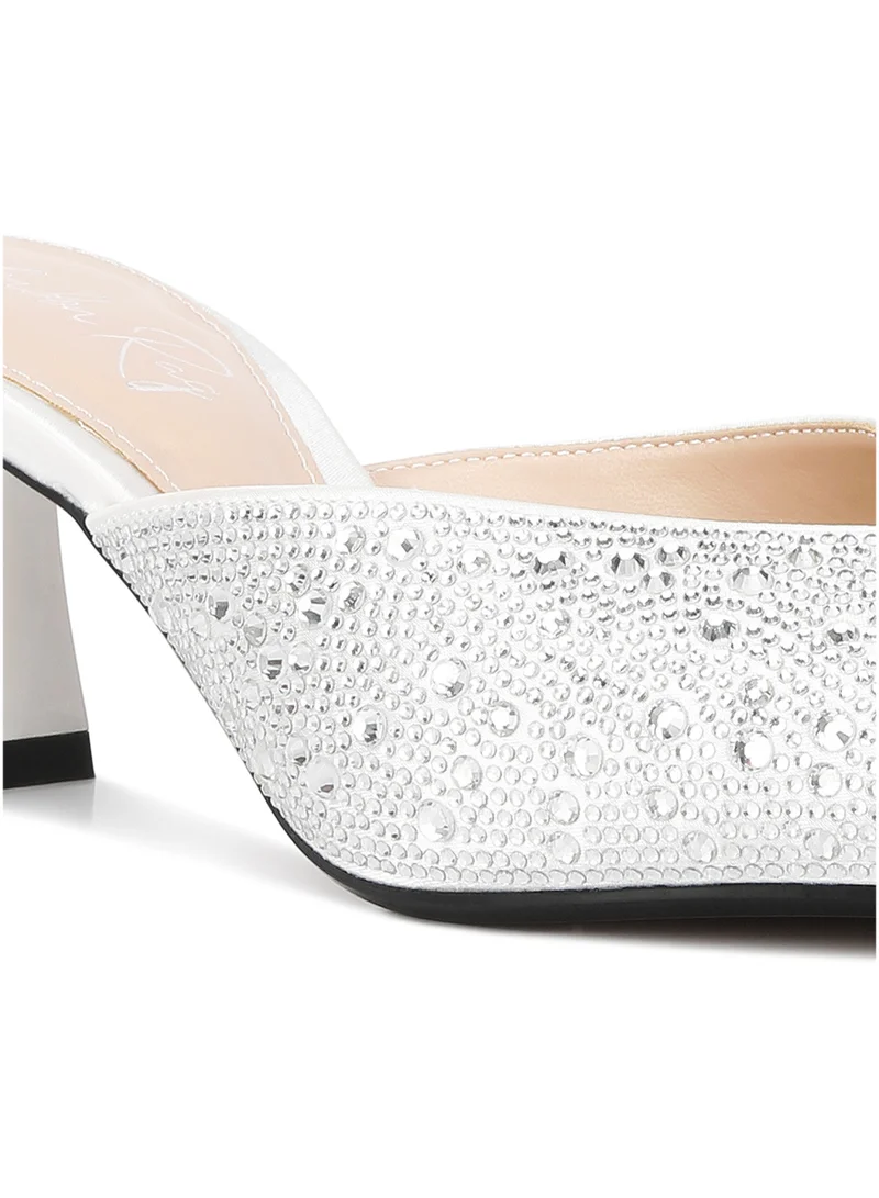 London Rag White Rhinestones Embellished Satin Mules