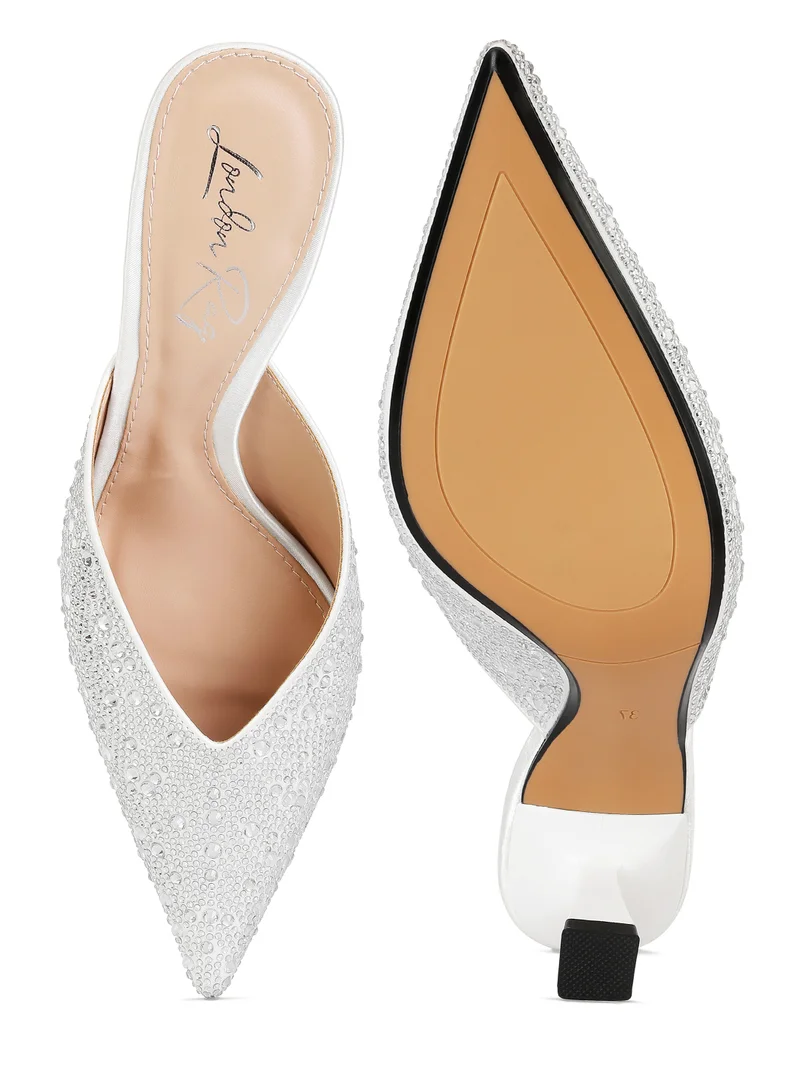 London Rag White Rhinestones Embellished Satin Mules