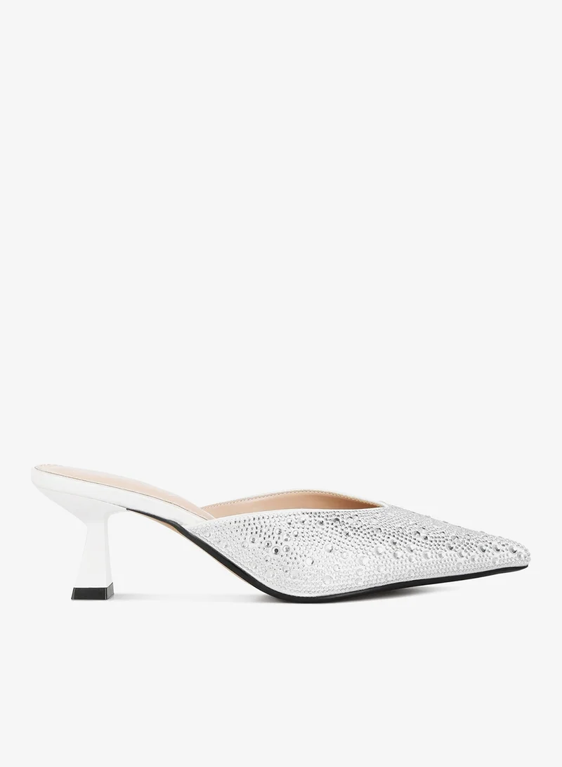 White Rhinestones Embellished Satin Mules