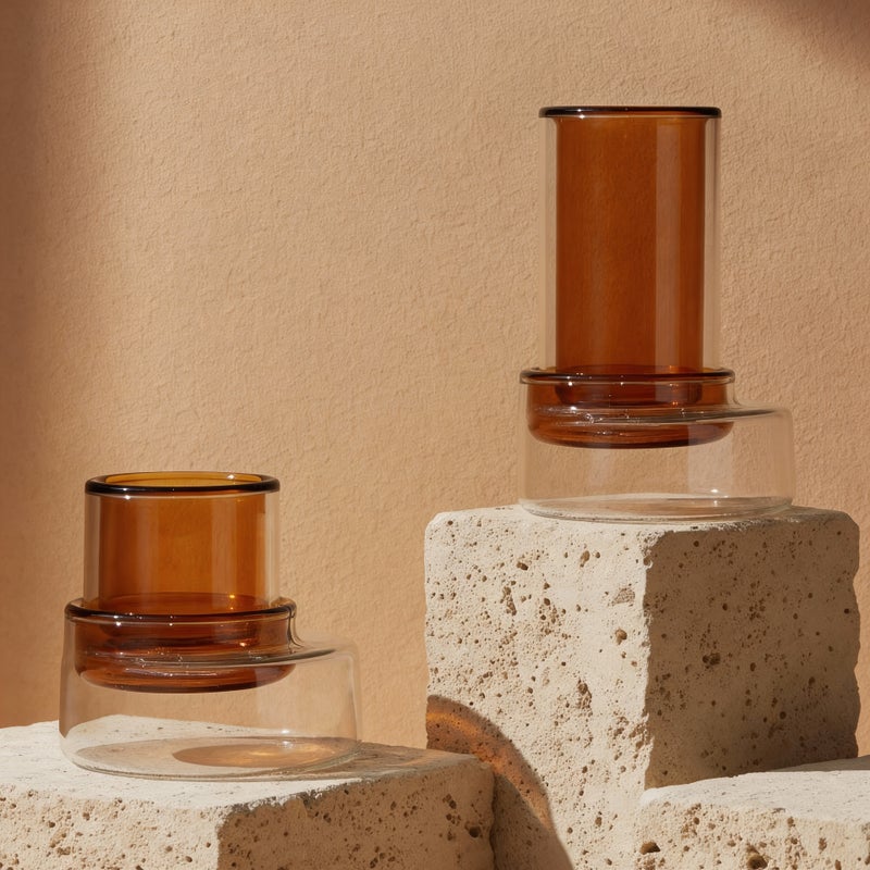 طقم تقديم الشاي والقهوة – تصميم زجاجي مزدوج الجدار مع كوب داخلي ملون وصحن شفاف