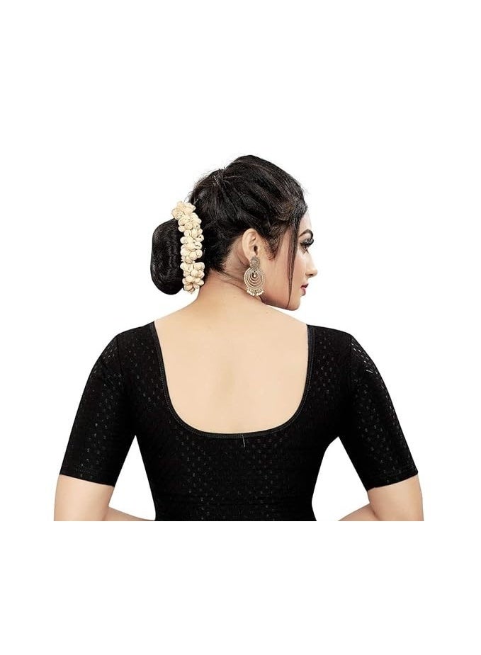 Sidhidata بلوزة ساري جاهزة للنساء من سيديداتا، بياقة دائرية، مصنوعة من قطن دوبي ليكرا مطاطي، بأكمام تصل إلى الكوع، أنيقة (مقاس حر). - Image 2