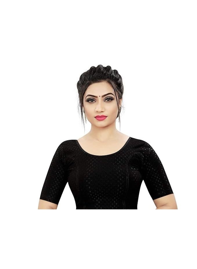 Sidhidata بلوزة ساري جاهزة للنساء من سيديداتا، بياقة دائرية، مصنوعة من قطن دوبي ليكرا مطاطي، بأكمام تصل إلى الكوع، أنيقة (مقاس حر). - Image 1