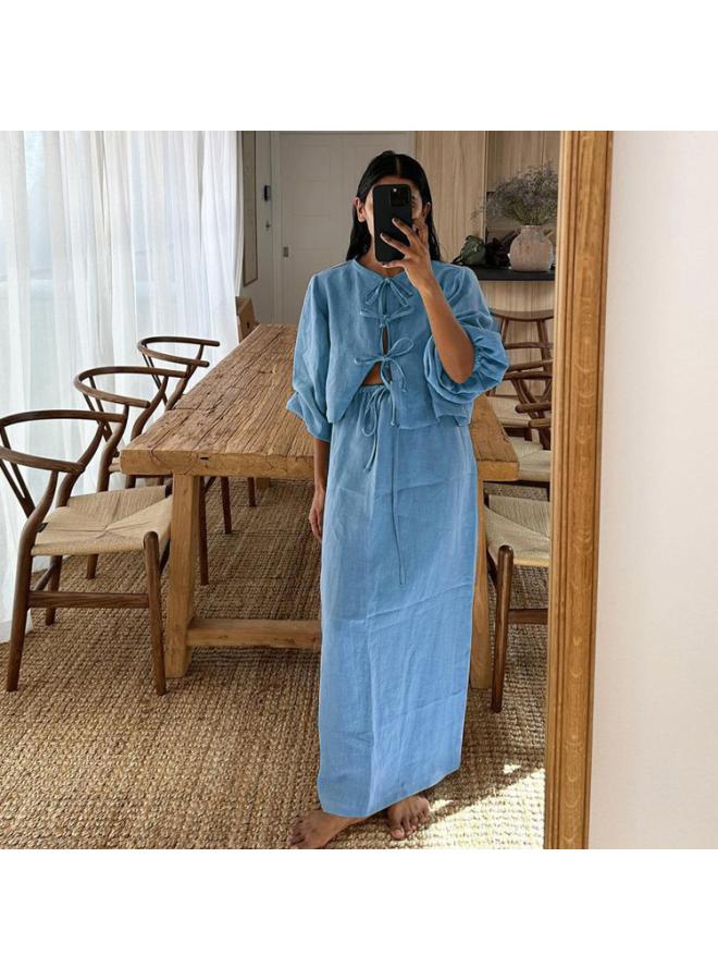 European And American Women's New Vintage Tea Style Wear A Set Of Bubble Sleeve Shirt Suit Summer Women's Skirt