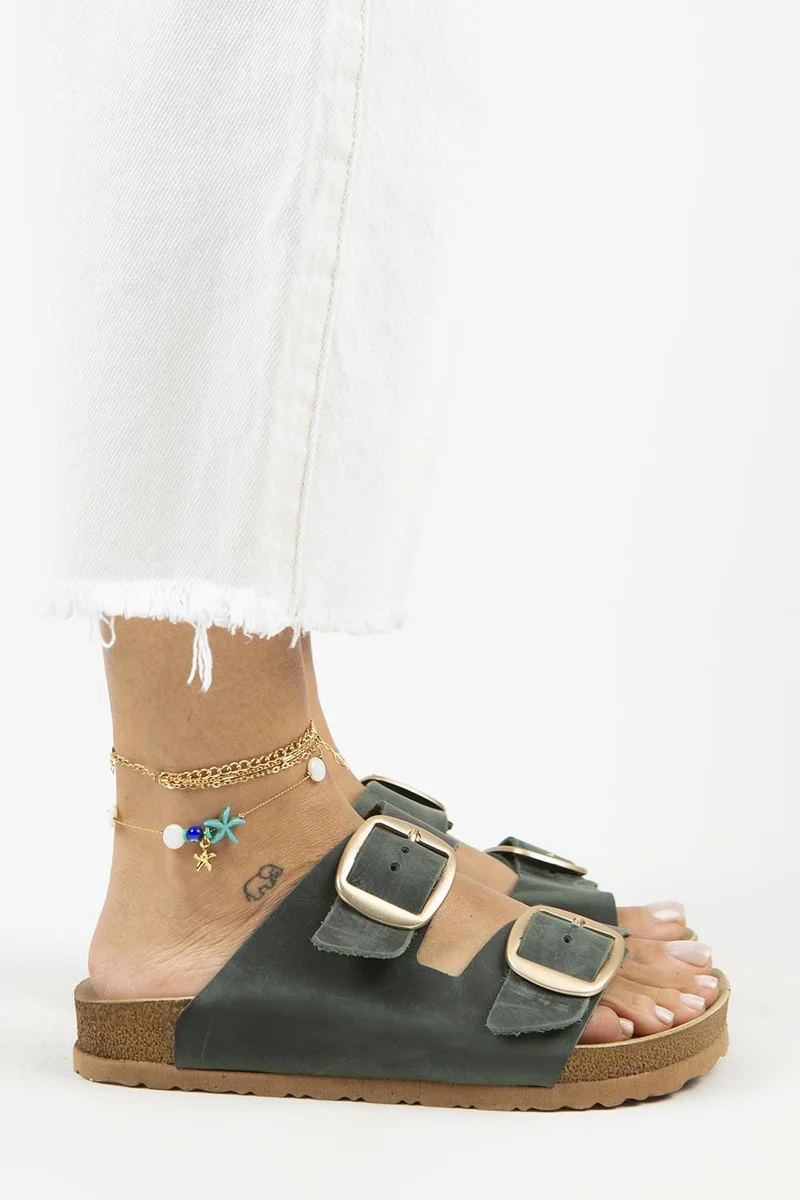 Manijero Manijero Irene Vintage Women's Genuine Leather Double Buckle Green Gold Slippers