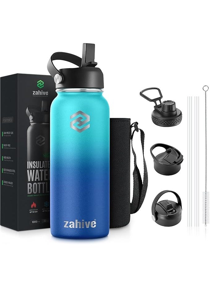Zahive Stainless Steel Water Bottle 1l with 3 Lids & Bag - Insulated Water Bottle with Straw - 1000ml Double Wall Thermos Flask for Travel Hot & Cold Drinks, Sports, Gym, Leak Proof (32oz, Ocean Blue) - Image 1