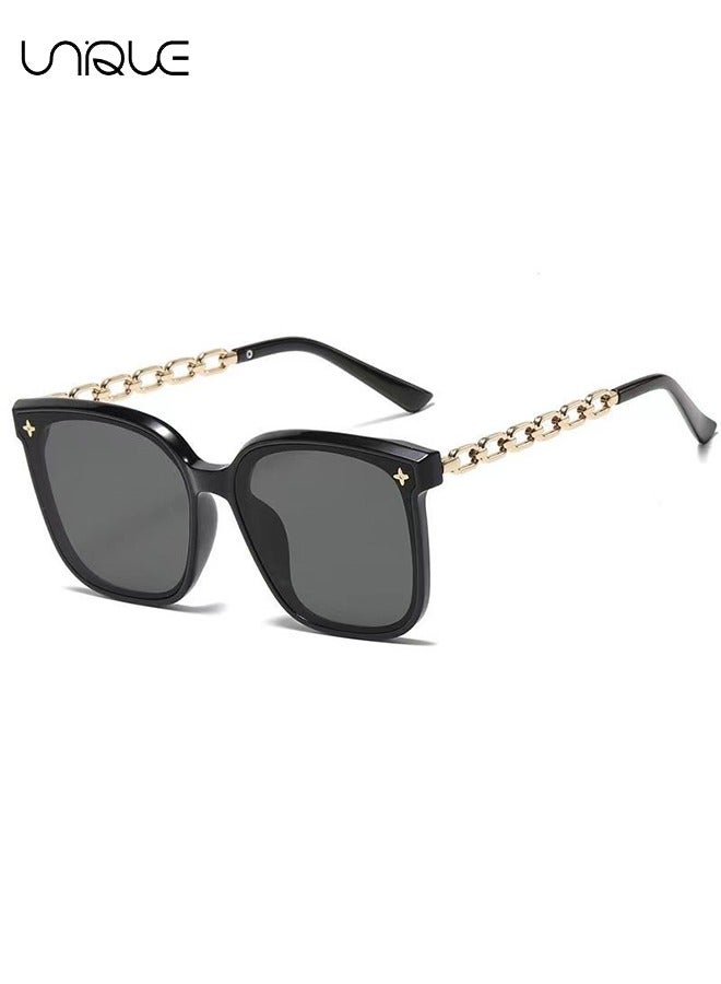 Unique Sun Glasses - Oversized Square Sun Glasses Women's Large Frame Metal Chain Arm UV Protective Glasses (Black) - Image 1
