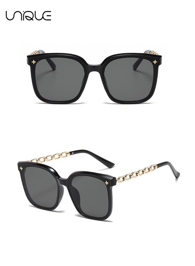 Unique Sun Glasses - Oversized Square Sun Glasses Women's Large Frame Metal Chain Arm UV Protective Glasses (Black) - Image 3